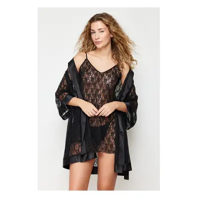 Trendyol Black Lace Floral Rope Strap Knitted Nightgown