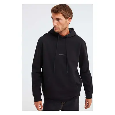 GRIMELANGE Epic Men's Soft Fabric Hooded Drawstring Regular Fit Embroidered Black Sweatshirt