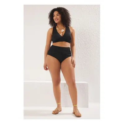 Trendyol Curve Black Waist Gather Detail High Waist Plus Size Bikini Bottom