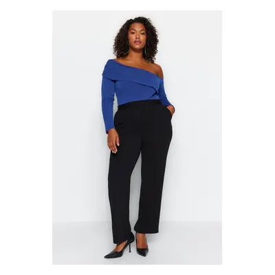 Trendyol Curve Black Straight Fit High Waist Crepe Knit Plus Size Trousers