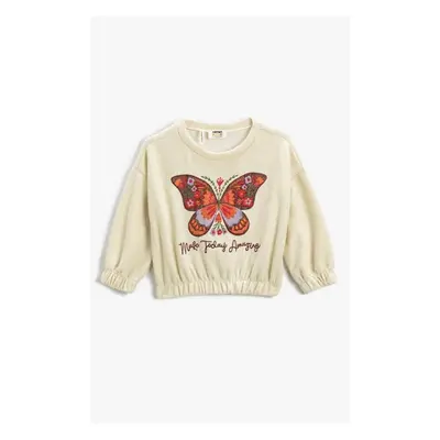 Koton Girl's Butterfly Embroidered Ribbed Round Neck Crop Sweatshirt