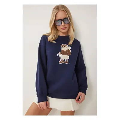 Happiness İstanbul Women's Navy Blue Teddy Bear Emblem Raised Knitted Sweatshirt