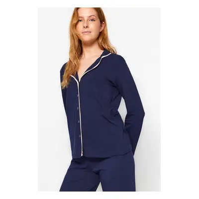 Trendyol Navy Blue Cotton Piping Detailed Shirt-Pants Knitted Pajamas Set