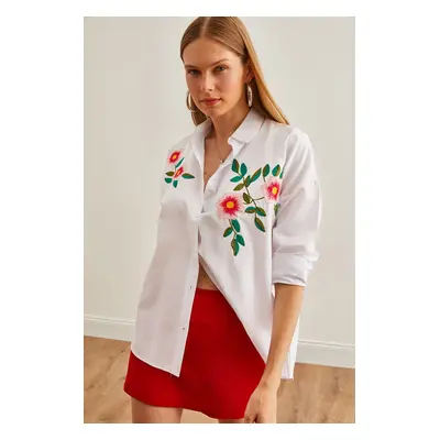 Olalook Women's Azalea White Embroidery Detailed Oversize Woven Shirt