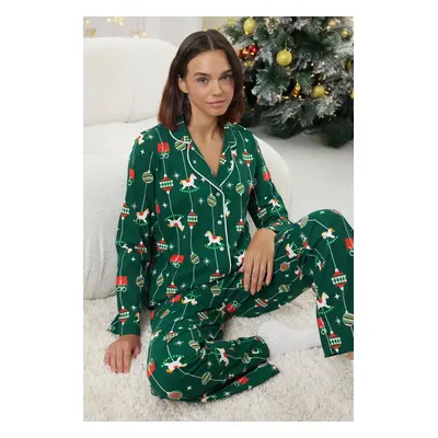 Trendyol Green 100% Cotton Christmas Themed Knitted Pajama Set