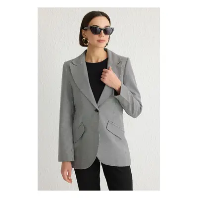 Trendyol Black Goosefoot Patterned Polyviscon Blazer Jacket