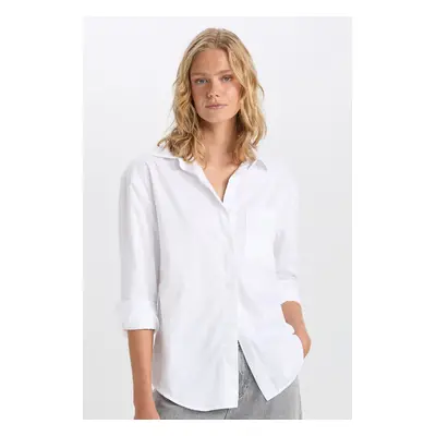 DEFACTO Oversize Wide Fit Pocket Basic Plain Poplin Long Sleeve White Shirt