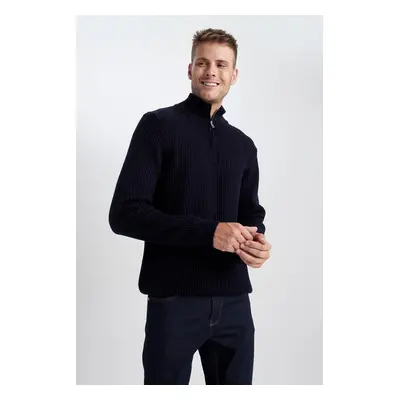 DEFACTO Navy Blue Standard Fit Regular Cut Bato Collar Zippered Basic Plain Knitwear Sweater