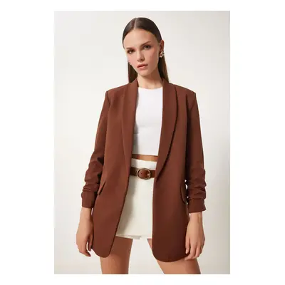 Happiness İstanbul Women's Brown Shawl Collar Gathered Detailed Woven Blazer Jacket