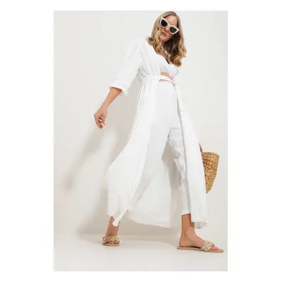 Trend Alaçatı Stili Women's White Self-Textured Openwork Long Pants Kimono Suit