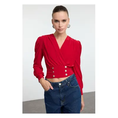 Trendyol Red Crop Button Detailed Knitted Blouse