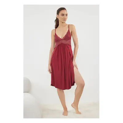 Trendyol Burgundy Lace Back and Slit Detailed Rope Strap Knitted Nightgown