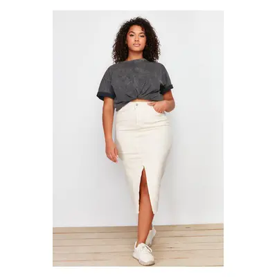 Trendyol Curve Ecru Front Slit Detailed Midi Denim Skirt