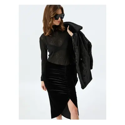 Koton Midi Asymmetrical Draped Velvet Skirt