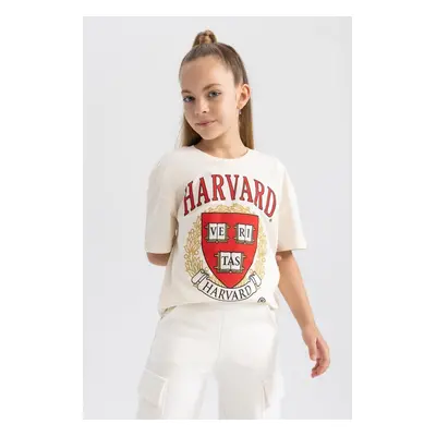 DEFACTO Girls Harvard University Oversize Wide Pattern Crew Neck Short Sleeve T-Shirt