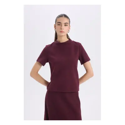 DEFACTO Slim Fit Slim Cut Half Turtleneck Basic Plain Short Sleeve Burgundy T-Shirt