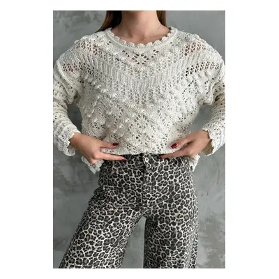 69491 Dewberry Patterned Openwork Knitwear Womens Sweater-CREAM