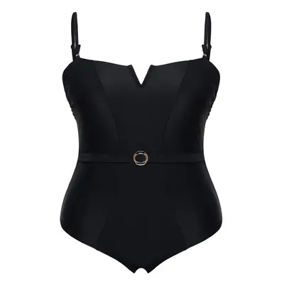 Trendyol Curve Black Square Neck V Neck Detail Beli Belted Plus Size Swimsuit