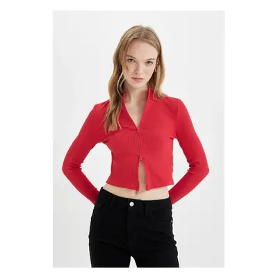 DEFACTO Fitted Stand Collar Basic Plain Zippered Ribbed Camisole Crop Red Cardigan