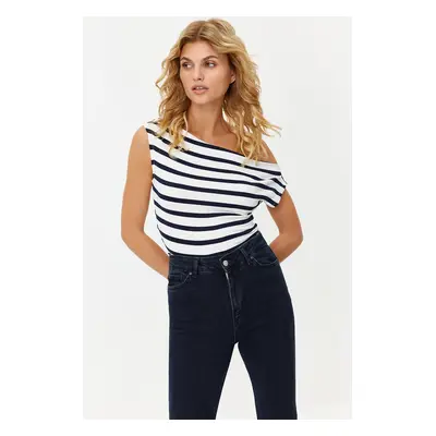 Trendyol Navy Blue Striped Boat Neck Fitted Flexible Knitted Blouse with Viscous/Soft Fabric