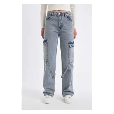 DEFACTO Wide Leg Cargo High Waist Long Jean Washed Trousers