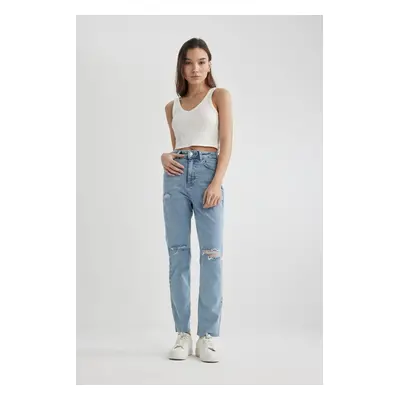 DEFACTO Mary Vintage Straight Fit Ripped Detail High Waist Cut Off Ankle Length Jeans