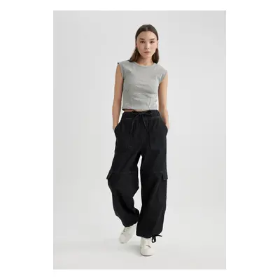 DEFACTO Cargo Jogger High Waist Lace-Up Ankle Length Jean Washed Trousers