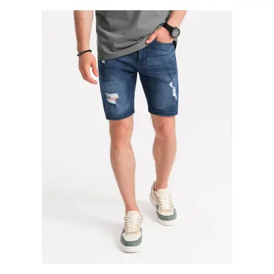 Ombre Men's denim short shorts with holes - dark blue