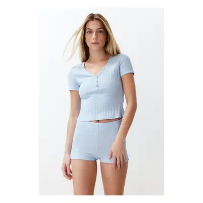 Trendyol Light Blue Button Detailed Corded Knitted Pajama Set