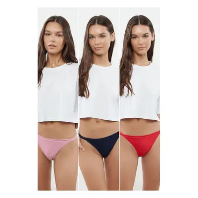 Trendyol Navy Blue-Red-Pink Pack Cotton Brazilian Knitted Panties