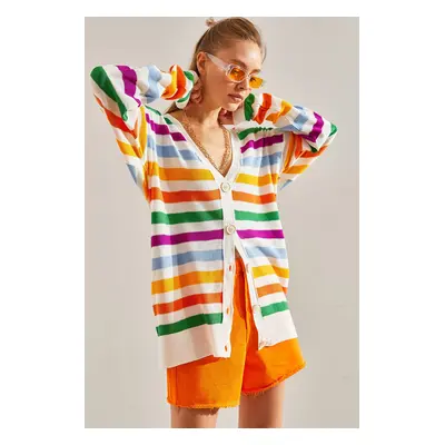 Bianco Lucci Women's Multi Color Striped Knitwear Cardigan