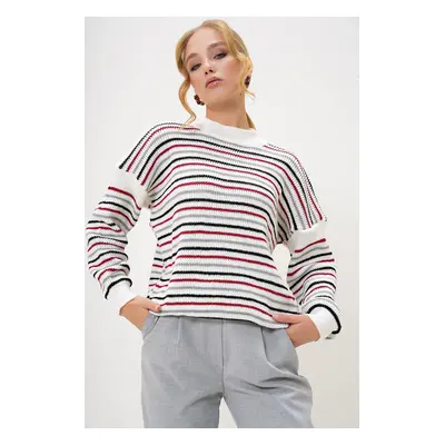 Trend Alaçatı Stili Women's Ecru Half Turtleneck Striped Knit Sweater