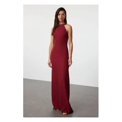 Trendyol Burgundy Fitted Woven Shiny Stone Woven Long Evening Dress