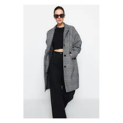 Trendyol Black Oversize széles szabású kockás hosszú bélyegzett kabát