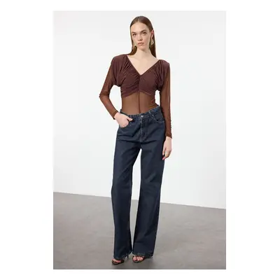 Trendyol Brown V Neck Tulle Knitted Bodysuit