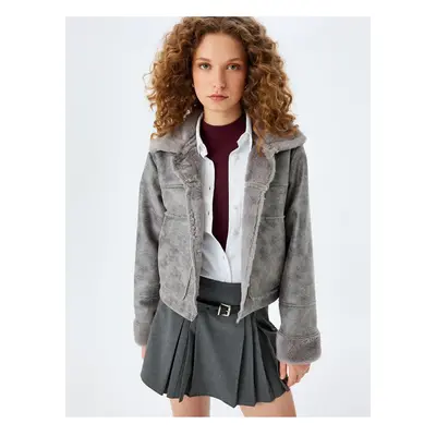 Koton Buttoned Faux Für Lined Classic Collar Leather Look Jacket