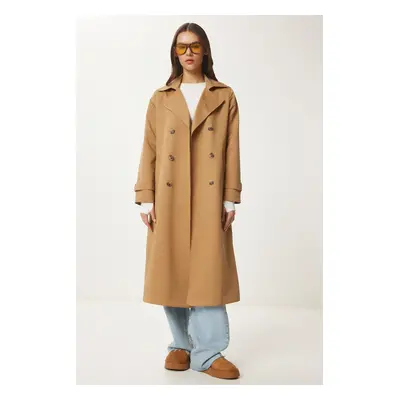 Happiness İstanbul Women's Camel Double-Breasted Belted Seasonal Trench Coat