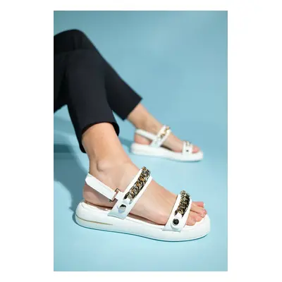 LuviShoes LOKET White Women&#39;s Sandals with Chain Detail