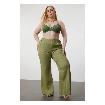 Trendyol Curve Khaki Slit Detailed High Waist Wrapped Wide Leg Beach Wear Woven Trousers