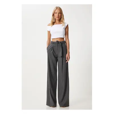 Happiness İstanbul Women's Anthracite Thin Striped Belted Wide Leg Trousers