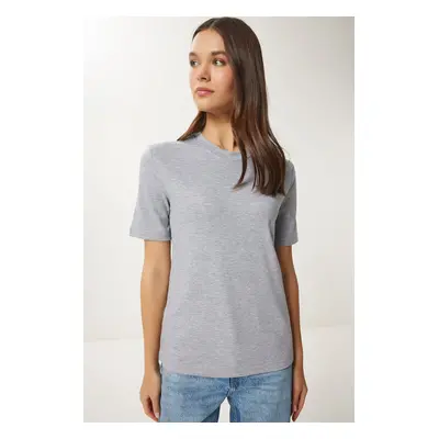 Happiness İstanbul Women's Gray Melange Cotton Basic Knitted T-Shirt