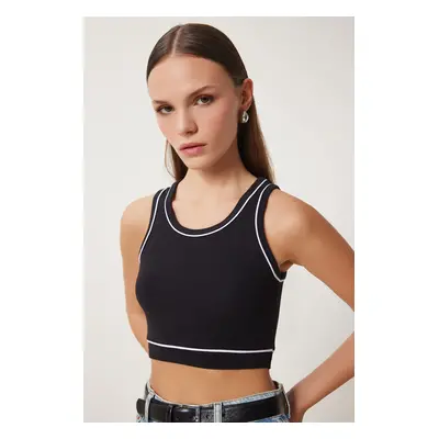 Happiness İstanbul Women's Black Striped Crop Top Knit Blouse