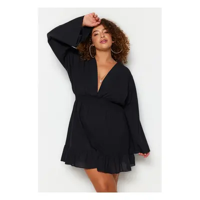 Trendyol Curve Black Double Breasted Collar Skirt Ruffled Woven Beach Dress