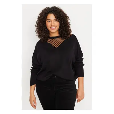 Trendyol Curve Black Tulle Detailed Off Shoulder Fine Knitwear Sweater