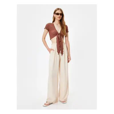 Koton Viscose Wide Leg Trousers with Pockets, Elastic Waist, Pleat Detail