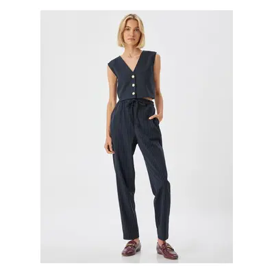 Koton Striped High Waist Cigarette Trousers with Pockets and Waist Tie