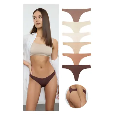 Trendyol Brown-Multicolored 6-Pack Micro Thong Knitted Panties