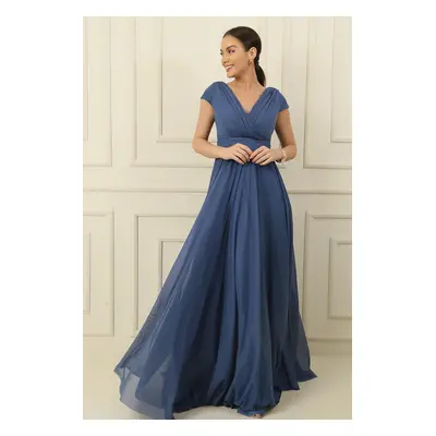 By Saygı Double Breasted Neck Nail Sleeve Full Circle Flared Lined Chiffon Tulle Long Dress