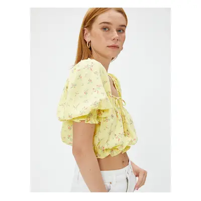 Koton Floral Square Neck Crop Blouse with Balloon Sleeves