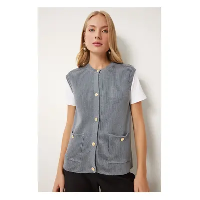 Happiness İstanbul Women's Gray Stylish Buttoned Pocket Knitwear Vest